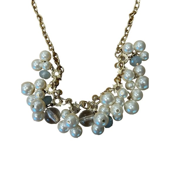 FAUX PEARL STATEMENT BUBBLE NECKLACE, GOLD TONE, IVORY Clear Blue White 23” - Picture 6 of 9